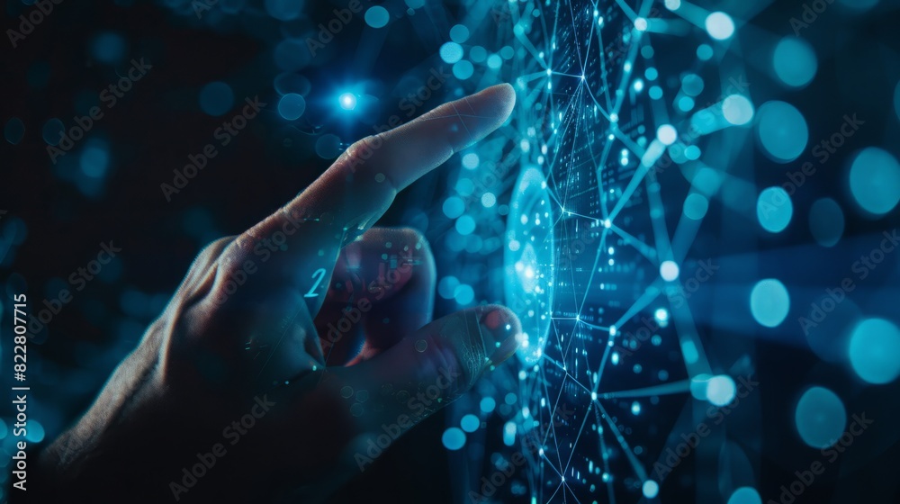 Digital technology, internet network connection concept. Finger touching on virtual screen with futuristic technology background, data exchange, digital transformation Digital technology, internet network connection concept. Finger touching on virtual screen with futuristic technology background, data exchange, digital transformation