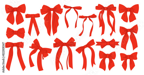 Bows red ribbon hand drawn set. Trendy elegant tape icons for celebrations Valentines Day, Wedding Birthday decoration. Various cartoon bow knot gift ribbon, silk hair accessory. Vector illustration