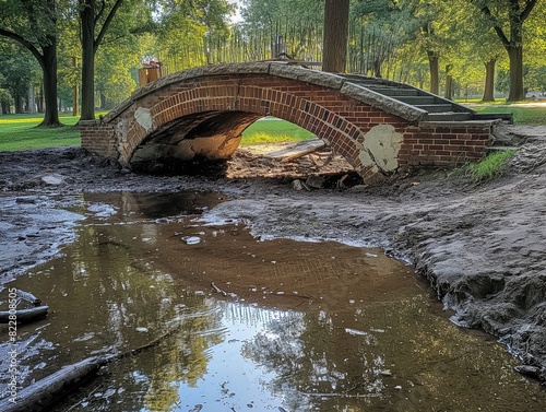 A bridge over a river with a lot of water and mud. The bridge is old and has a lot of cracks