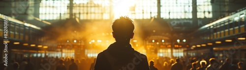 Silhouette of a person standing in a busy train station with warm sunlight streaming through large windows. A sense of journey and mystery.