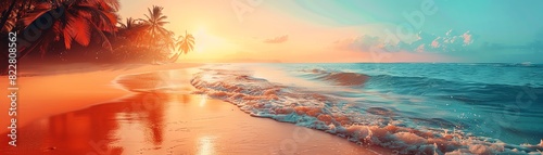 Stunning sunset over a tropical beach with golden sand  palm trees  and vibrant ocean waves in an exotic paradise.