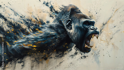 Abstract Angry Gorilla in Grunge Style Tearing Through a Wall. 