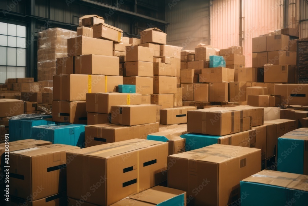 Cardboard box packages in storage warehouse for distribution delivery Cardboard box packages in storage warehouse for distribution delivery
