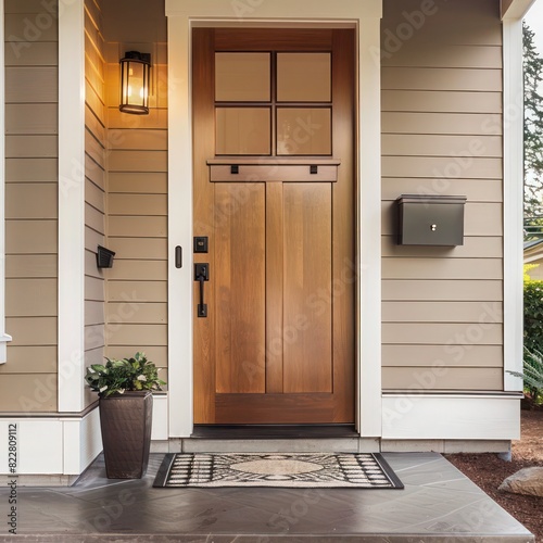 Modern front entrance door in a luxurious american villa  wide open door from the side  featuring a modern doorbell and small welcoming porch