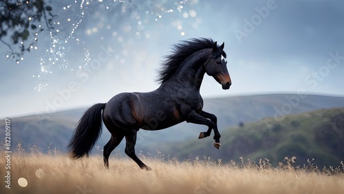 Enchanted Gallop  Black Horse with Twinkling Backdrop