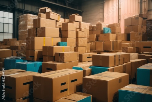 Cardboard box packages in storage warehouse for distribution delivery