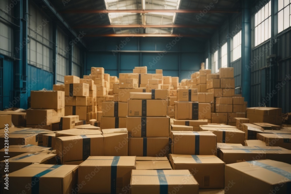 Cardboard box packages in storage warehouse for distribution delivery Cardboard box packages in storage warehouse for distribution delivery