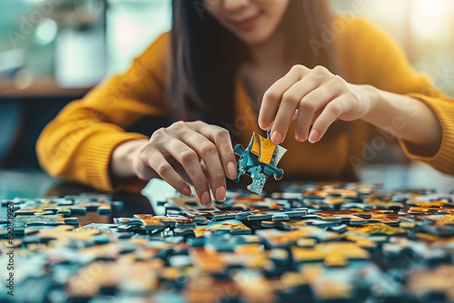 Generative AI Image of Businesswoman Putting Together a Puzzle to Problem Solving in Office photo