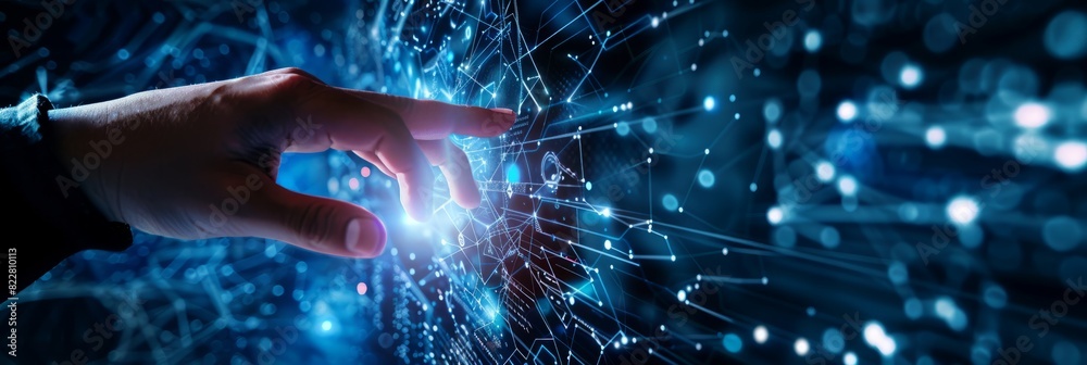 Digital technology, internet network connection concept. Finger touching on virtual screen with futuristic technology background, data exchange, digital transformation Digital technology, internet network connection concept. Finger touching on virtual screen with futuristic technology background, data exchange, digital transformation