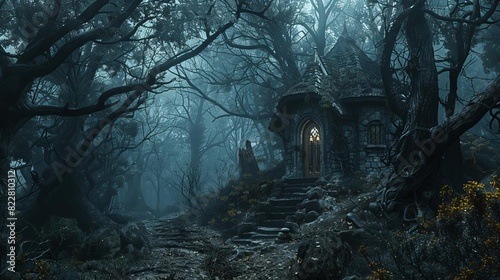 A mysterious, dark forest with a hidden path leading to a witchs cottage, photo