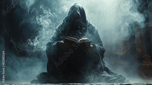 A mystical figure in a darkened room, reading prophecies from an old, dusty book,