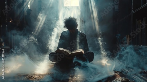 A mystical figure in a darkened room, reading prophecies from an old, dusty book, photo