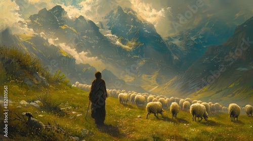 A nomadic herder tending to a flock of sheep in a highland meadow, photo