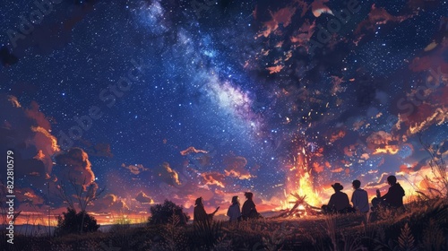 A nomadic tribe gathered around a campfire, sharing stories under a starry sky, photo