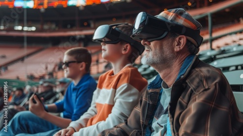 A father and son sit in the stands of a baseball game both wearing AR headsets that give them an immersive and informative viewing experience.