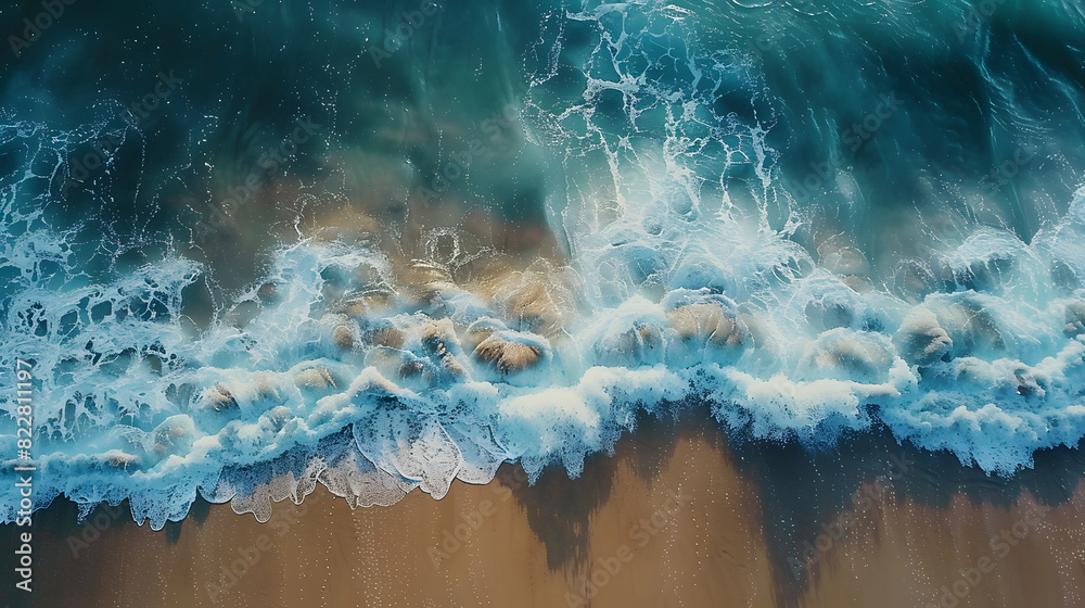 Aerial view of ocean waves crashing onto shore
