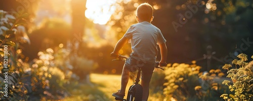 Fathers day card mockup, A child rides a bike through a sunny forest path. © LittleDreamStocks