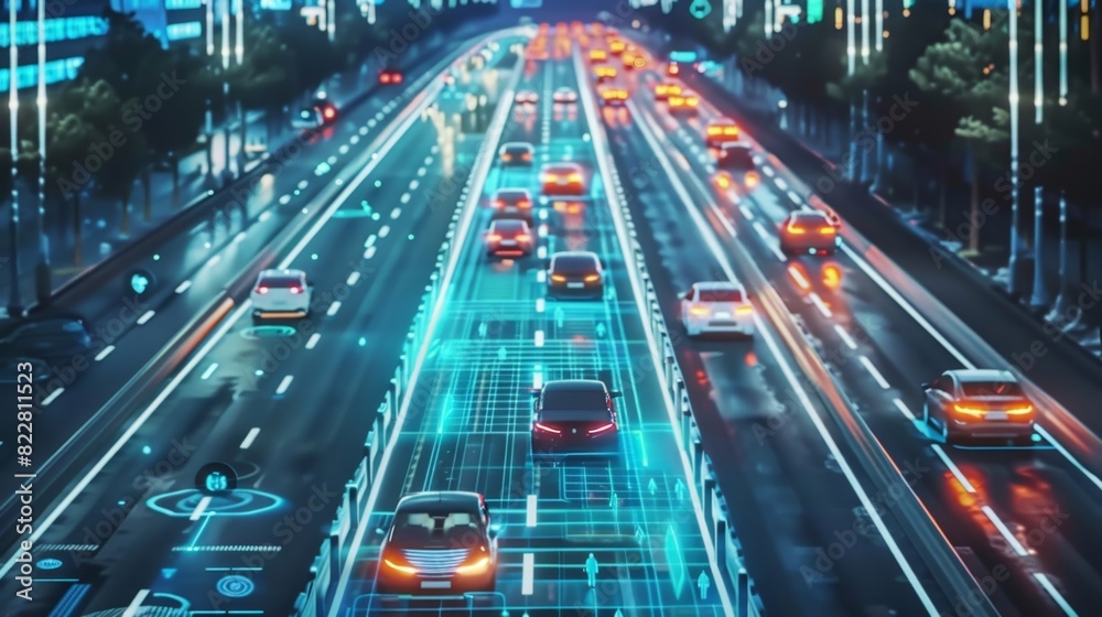 A futuristic concept of driverless cars moving seamlessly through traffic all coordinated by AIpowered traffic management. A futuristic concept of driverless cars moving seamlessly through traffic all coordinated by AIpowered traffic management.