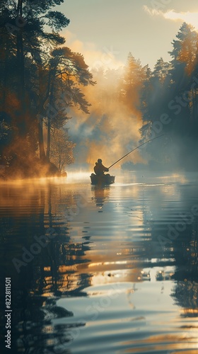 Fathers day card mockup, A lone fisherman casts his line in a tranquil lake, surrounded by mist and golden sunlight filtering through the trees. © LittleDreamStocks