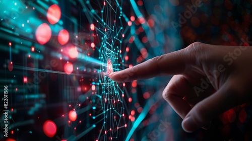 Digital technology, internet network connection concept. Finger touching on virtual screen with futuristic technology background, data exchange, digital transformation