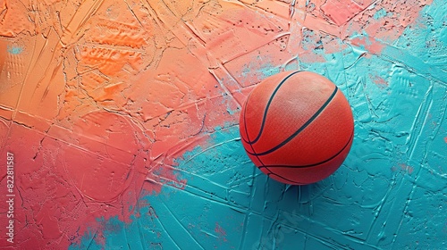 Fathers day card mockup, A red basketball on a colorful blue and orange painted background.