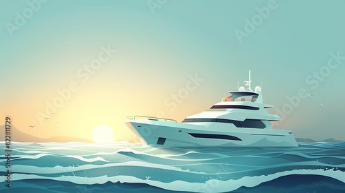 Fathers day card mockup, A white yacht sails on calm blue ocean water at sunset.  The sun is setting behind the yacht, casting a warm glow on the water. © LittleDreamStocks