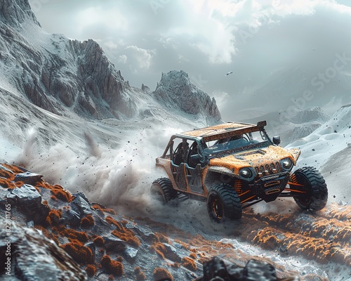 Fathers day card mockup, A yellow off-road vehicle drives through a rocky, snowy mountain pass. photo