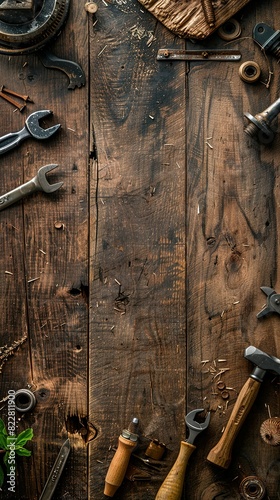 Fathers day card mockup, Rustic wooden background with scattered tools, creating a vintage and industrial feel. Perfect for DIY, workshop, or construction themes.