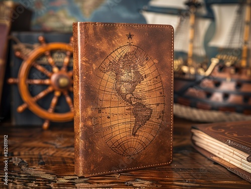 Fathers day card mockup, Leather bound journal with a vintage world map design, resting on a wooden table with nautical decor.