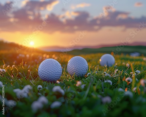 Fathers day card mockup, Three golf balls sit on a green field with a sunset in the background. photo