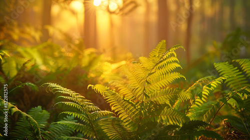 Warm sunlight streaming through a misty forest  highlighting lush ferns