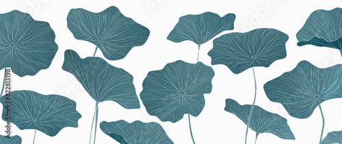 Art background with lotus leaves with hand drawn line art elements. Botanical banner for design of wallpaper, packaging, poster, print, cover, textile, interior design.