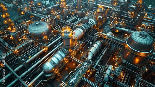 Industrial Background, High-angle view of an industrial complex with interconnected pipes and tanks, highlighting the sprawling nature of the facility. Illustration image, photo