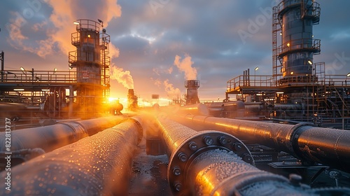 Industrial Background, Industrial pipes with steam and condensation, captured during early morning hours, emphasizing the operational conditions. Illustration image,