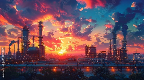 Industrial Background, Industrial plant during sunset, with pipes and structures silhouetted against the colorful sky, creating a dramatic and picturesque scene. Illustration image, photo