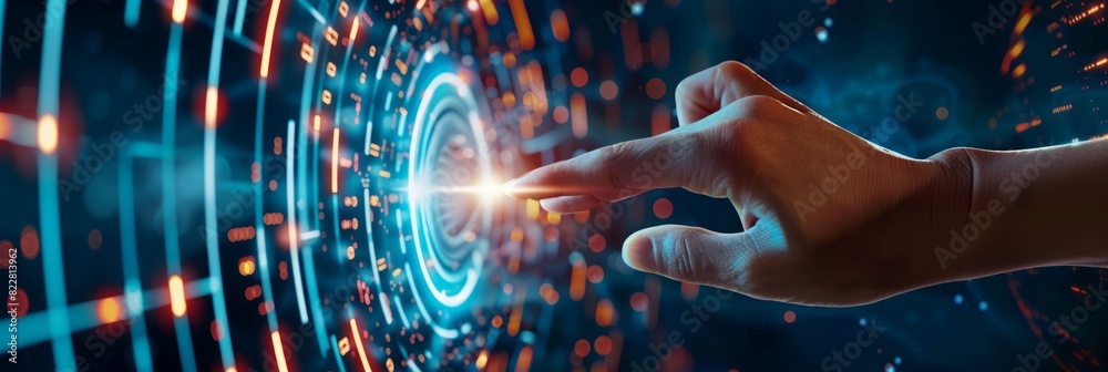 Digital technology, internet network connection concept. Finger touching on virtual screen with futuristic technology background, data exchange, digital transformation Digital technology, internet network connection concept. Finger touching on virtual screen with futuristic technology background, data exchange, digital transformation