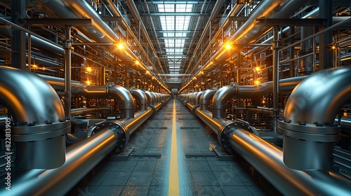 Industrial Background, Interior of a factory with a maze of stainless steel pipes and bright overhead lighting, emphasizing cleanliness and modernity. Illustration image,