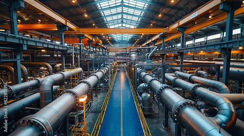 Industrial Background, Interior of an industrial factory with a focus on large pipes and machinery, bathed in natural light from skylights above. Illustration image,