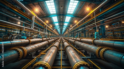 Industrial Background, Interior of an industrial factory with a focus on large pipes and machinery, bathed in natural light from skylights above. Illustration image,