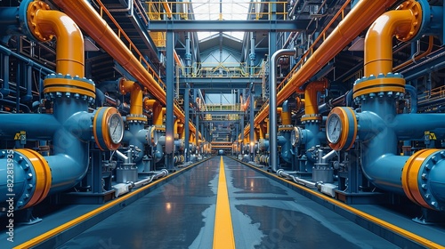 Industrial Background, Interior view of a chemical plant with pipes running along the walls and ceiling, showcasing the organized complexity of the facility. Illustration image,