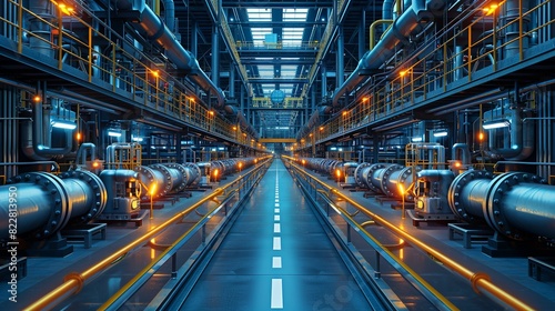 Industrial Background, Interior view of a chemical plant with pipes running along the walls and ceiling, showcasing the organized complexity of the facility. Illustration image, © DARIKA