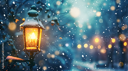 Enchanted winter evening with a glowing lantern