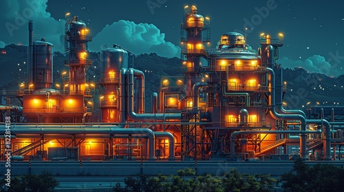 Industrial Background, Night shot of an industrial plant with illuminated pipes and machinery, showcasing the operational activity during evening hours. Illustration image,