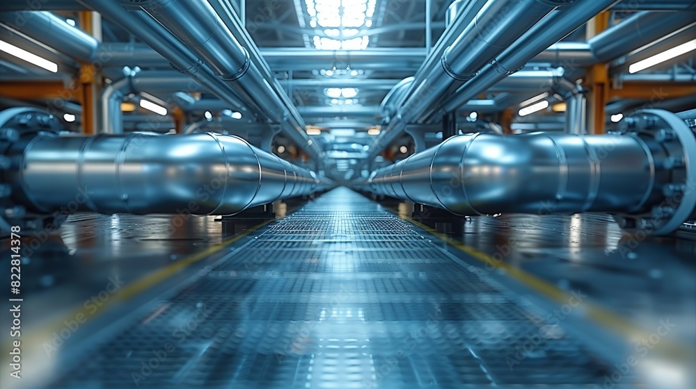Industrial Background, Pipes and conduits running along the ceiling of a modern factory, with a focus on the symmetry and precision of the installation. Illustration image, Industrial Background, Pipes and conduits running along the ceiling of a modern factory, with a focus on the symmetry and precision of the installation. Illustration image,