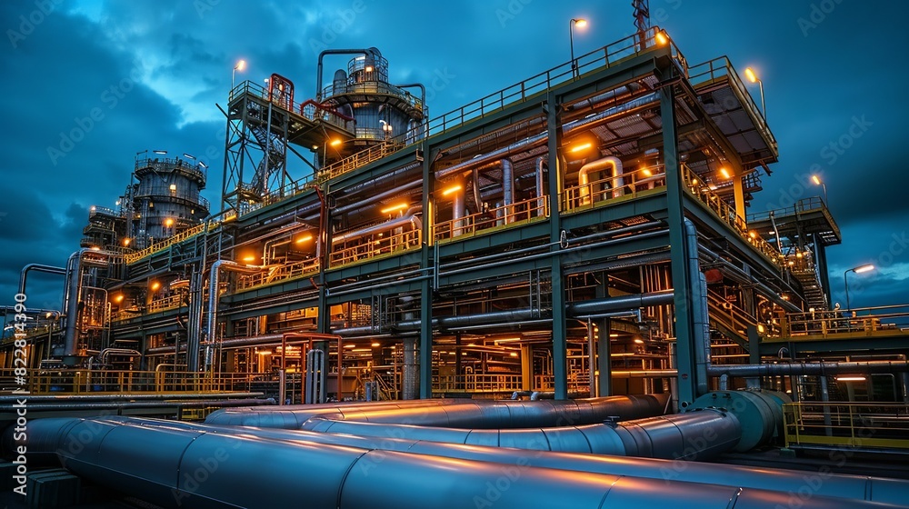 Industrial Background, Night view of an industrial plant with illuminated pipes and structures, highlighting the continuous operation and activity. Illustration image, Industrial Background, Night view of an industrial plant with illuminated pipes and structures, highlighting the continuous operation and activity. Illustration image,