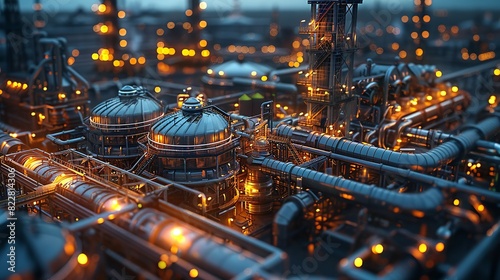 Industrial Background, Night view of an industrial plant with illuminated pipes and structures, highlighting the continuous operation and activity. Illustration image,