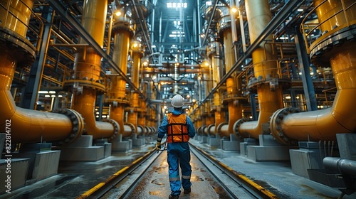 Industrial Background, Pipes and tanks in a petrochemical plant, with a worker in safety gear performing maintenance, emphasizing safety and operation. Illustration image,