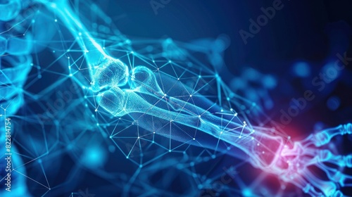 Inflammation and pain in the elbow joint. Polygonal design of interconnected lines and points. Blue background. photo