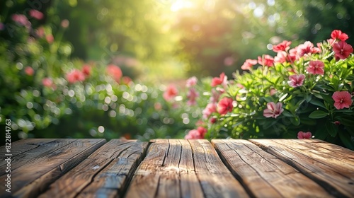 Rustic Wooden Desk with Colorful Flowers in a Serene Garden Setting © hisilly