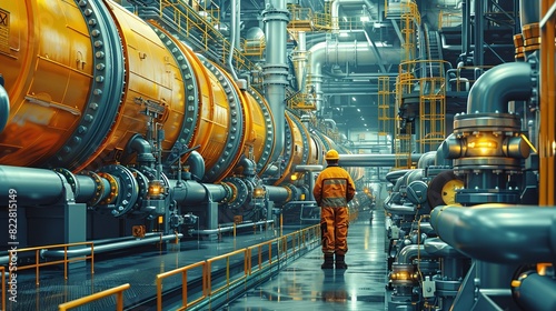 Industrial Background, Worker inspecting pipes in an industrial plant, with safety gear and tools, highlighting the human element in industrial maintenance. Illustration image, photo